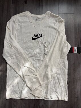 Nike White Long-Sleeve 'FREAK' Graphic Tee with Black Logo